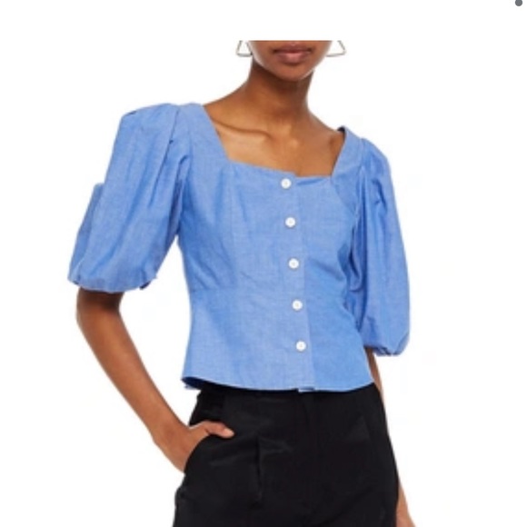 Sandro Mayan Cropped Shirred Chambray Top In Blue - Picture 2 of 5